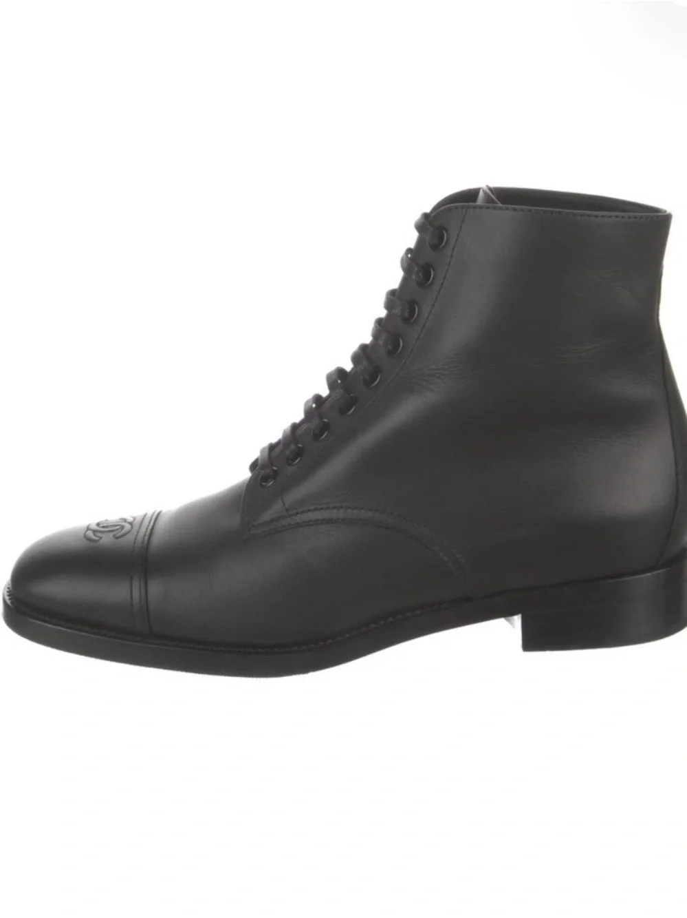 CHANEL Black Leather Lace-Up Ankle Boots with CC Cap Toe